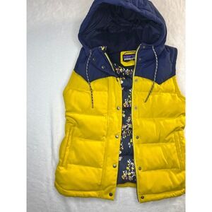 Rare Patagonia Bivy Hooded Down Vest Womens M Yellow Navy 27746 Mushroom Lined